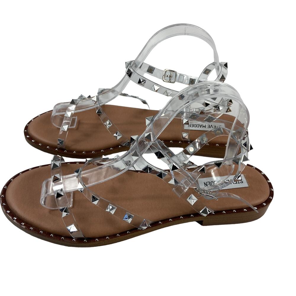 Steve Madden Travel Strappy Studded Flat Sandals in Clear Size 11 - Picture 3 of 6
